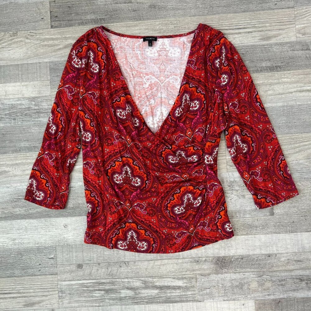 Talbots Red Paisley Faux Wrap Long Sleeve Red Top Size XL N22